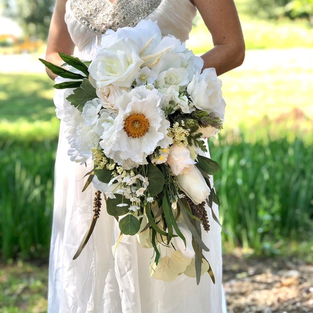 Boutique Wedding Bouquet, Silk Artificial White Bridal Bouquet